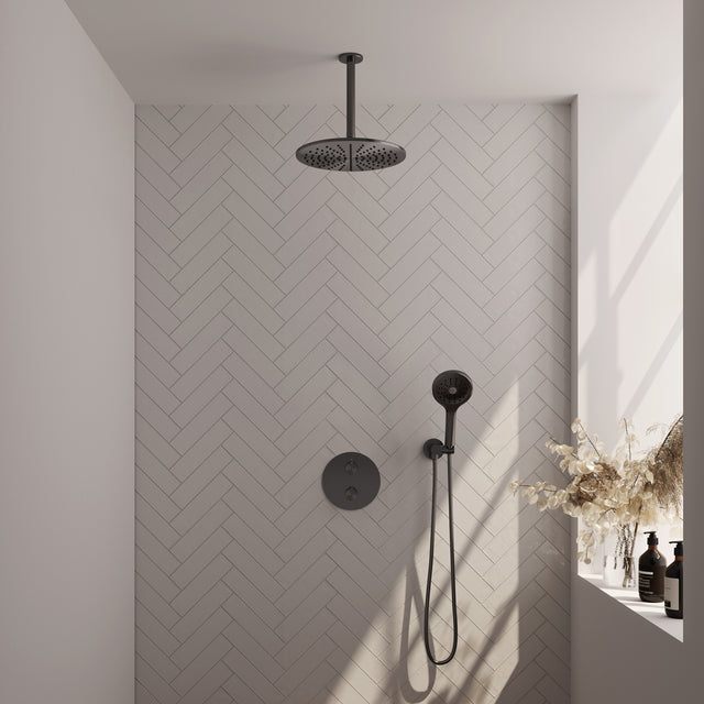BRAUER Gunmetal Carving thermostatische inbouw regendouche 3-weg rond SET 84 met 30 cm douchekop en plafondarm en 3-standen handdouche en doucheslang en wandaansluitbocht gunmetal geborsteld PVD 5-GM-302