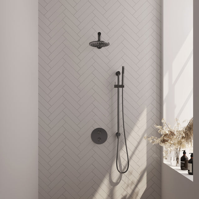 BRAUER Gunmetal Carving thermostatische inbouw regendouche 3-weg rond SET 85 met 20 cm douchekop en rechte muurarm en staaf handdouche en doucheslang en geïntegreerde glijstang gunmetal geborsteld PVD 5-GM-303
