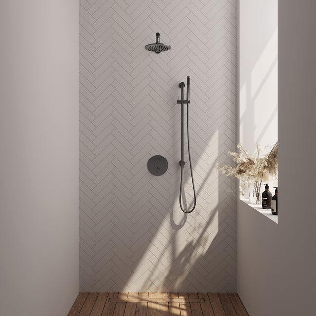 BRAUER Gunmetal Carving thermostatische inbouw regendouche 3-weg rond SET 85 met 20 cm douchekop en rechte muurarm en staaf handdouche en doucheslang en geïntegreerde glijstang gunmetal geborsteld PVD 5-GM-303