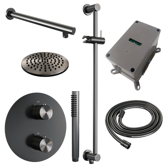 BRAUER Gunmetal Carving thermostatische inbouw regendouche 3-weg rond SET 85 met 20 cm douchekop en rechte muurarm en staaf handdouche en doucheslang en geïntegreerde glijstang gunmetal geborsteld PVD 5-GM-303