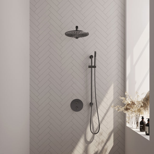 BRAUER Gunmetal Carving thermostatische inbouw regendouche 3-weg rond SET 86 met 30 cm douchekop en rechte muurarm en staaf handdouche en doucheslang en geïntegreerde glijstang gunmetal geborsteld PVD 5-GM-304