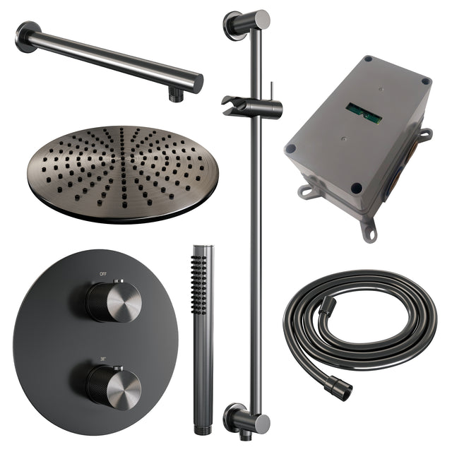 BRAUER Gunmetal Carving thermostatische inbouw regendouche 3-weg rond SET 86 met 30 cm douchekop en rechte muurarm en staaf handdouche en doucheslang en geïntegreerde glijstang gunmetal geborsteld PVD 5-GM-304