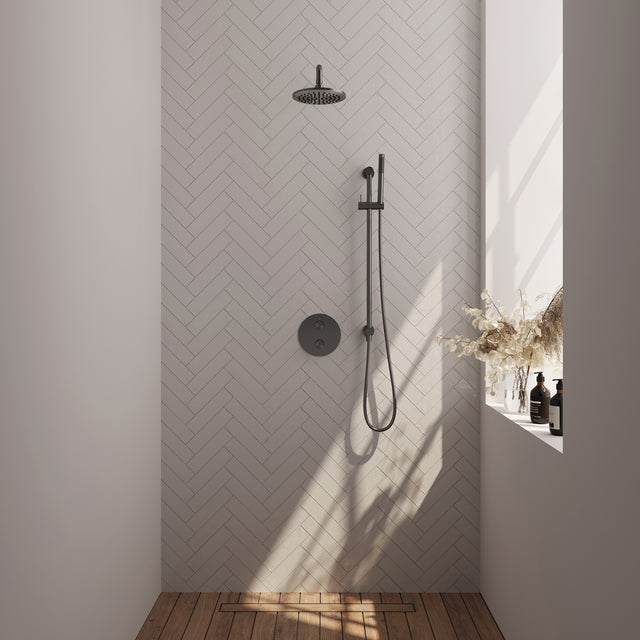 BRAUER Gunmetal Carving thermostatische inbouw regendouche 3-weg rond SET 87 met 20 cm douchekop en gebogen muurarm en staaf handdouche en doucheslang en geïntegreerde glijstang gunmetal geborsteld PVD 5-GM-305