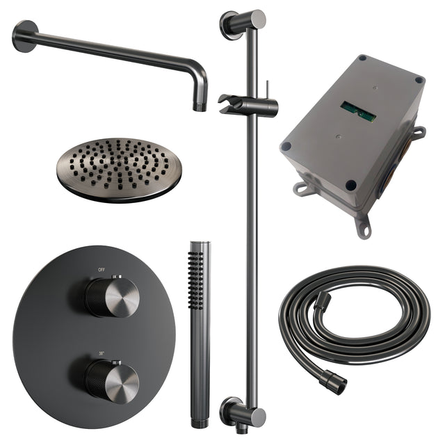 BRAUER Gunmetal Carving thermostatische inbouw regendouche 3-weg rond SET 87 met 20 cm douchekop en gebogen muurarm en staaf handdouche en doucheslang en geïntegreerde glijstang gunmetal geborsteld PVD 5-GM-305