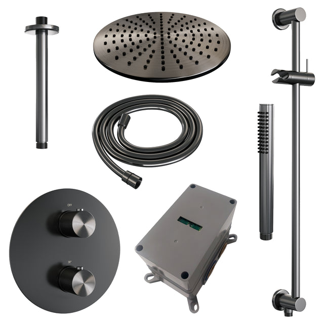 BRAUER Gunmetal Carving thermostatische inbouw regendouche 3-weg rond SET 90 met 30 cm douchekop en plafondarm en staaf handdouche en doucheslang en geïntegreerde glijstang gunmetal geborsteld PVD 5-GM-308