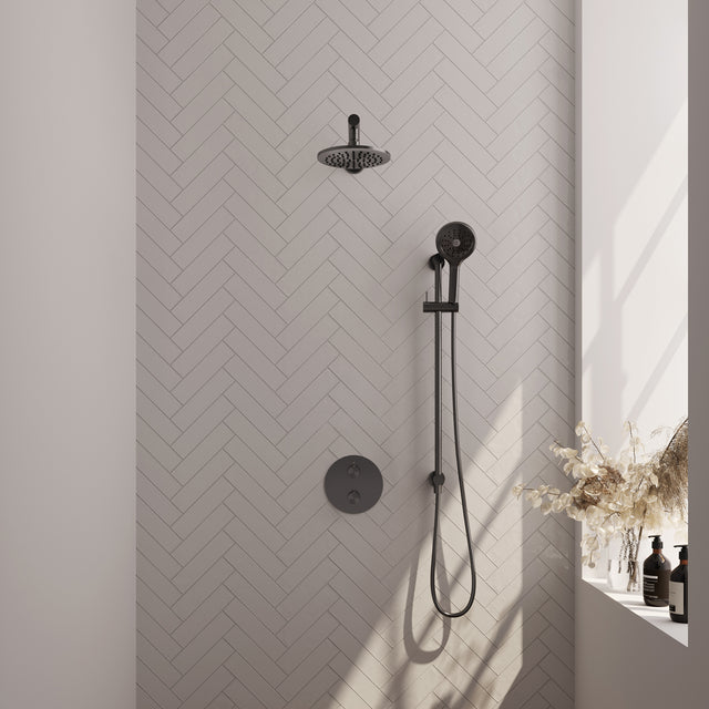 BRAUER Gunmetal Carving thermostatische inbouw regendouche 3-weg rond SET 91 met 20 cm douchekop en rechte muurarm en 3-standen handdouche en doucheslang en geïntegreerde glijstang gunmetal geborsteld PVD 5-GM-309