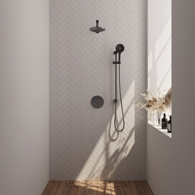 BRAUER Gunmetal Carving thermostatische inbouw regendouche 3-weg rond SET 91 met 20 cm douchekop en rechte muurarm en 3-standen handdouche en doucheslang en geïntegreerde glijstang gunmetal geborsteld PVD 5-GM-309