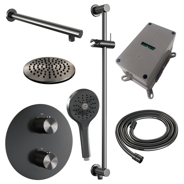 BRAUER Gunmetal Carving thermostatische inbouw regendouche 3-weg rond SET 91 met 20 cm douchekop en rechte muurarm en 3-standen handdouche en doucheslang en geïntegreerde glijstang gunmetal geborsteld PVD 5-GM-309