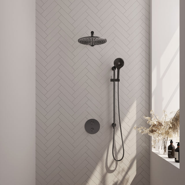 BRAUER Gunmetal Carving thermostatische inbouw regendouche 3-weg rond SET 92 met 30 cm douchekop en rechte muurarm en 3-standen handdouche en doucheslang en geïntegreerde glijstang gunmetal geborsteld PVD 5-GM-310