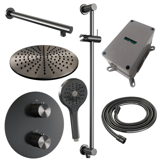 BRAUER Gunmetal Carving thermostatische inbouw regendouche 3-weg rond SET 92 met 30 cm douchekop en rechte muurarm en 3-standen handdouche en doucheslang en geïntegreerde glijstang gunmetal geborsteld PVD 5-GM-310