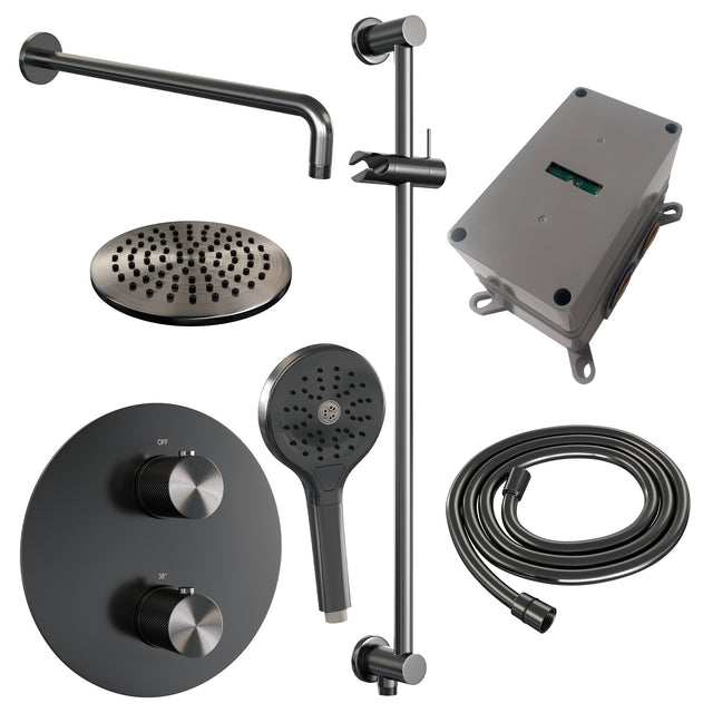 BRAUER Gunmetal Carving thermostatische inbouw regendouche 3-weg rond SET 93 met 20 cm douchekop en gebogen muurarm en 3-standen handdouche en doucheslang en geïntegreerde glijstang gunmetal geborsteld PVD 5-GM-311