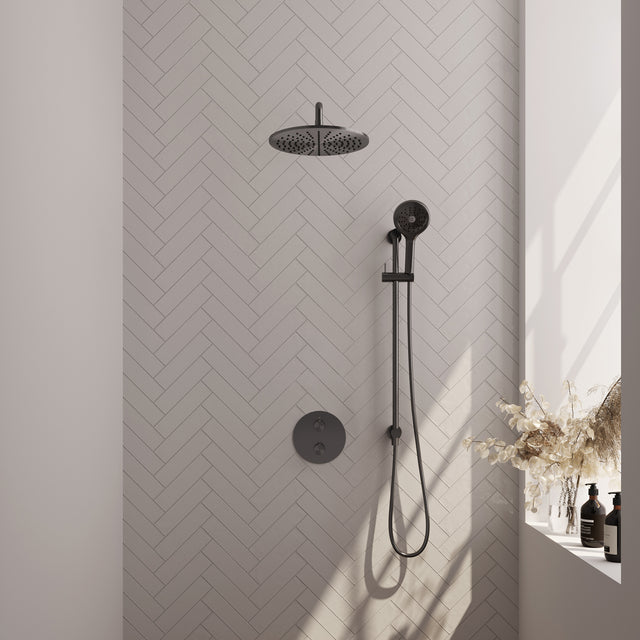 BRAUER Gunmetal Carving thermostatische inbouw regendouche 3-weg rond SET 94 met 30 cm douchekop en gebogen muurarm en 3-standen handdouche en doucheslang en geïntegreerde glijstang gunmetal geborsteld PVD 5-GM-312