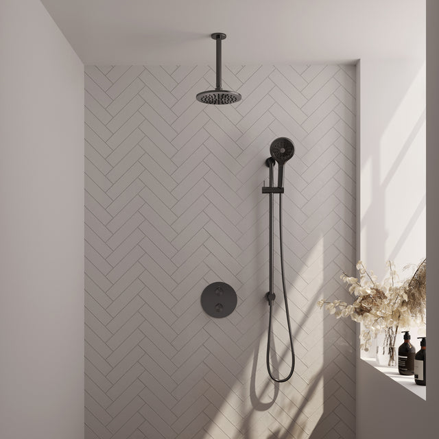 BRAUER Gunmetal Carving thermostatische inbouw regendouche 3-weg rond SET 95 met 20 cm douchekop en plafondarm en 3-standen handdouche en doucheslang en geïntegreerde glijstang gunmetal geborsteld PVD 5-GM-313