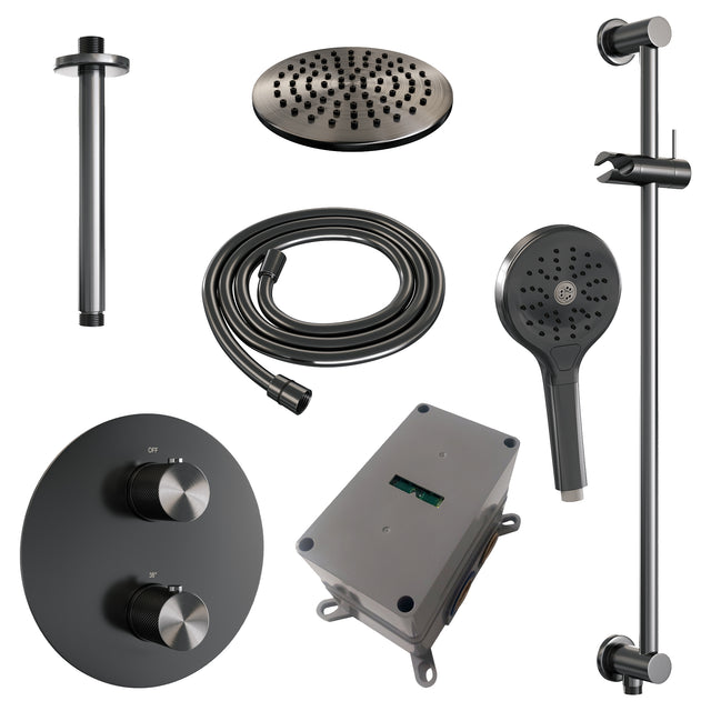 BRAUER Gunmetal Carving thermostatische inbouw regendouche 3-weg rond SET 95 met 20 cm douchekop en plafondarm en 3-standen handdouche en doucheslang en geïntegreerde glijstang gunmetal geborsteld PVD 5-GM-313