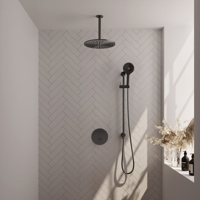 BRAUER Gunmetal Carving thermostatische inbouw regendouche 3-weg rond SET 96 met 30 cm douchekop en plafondarm en 3-standen handdouche en doucheslang en geïntegreerde glijstang gunmetal geborsteld PVD 5-GM-314