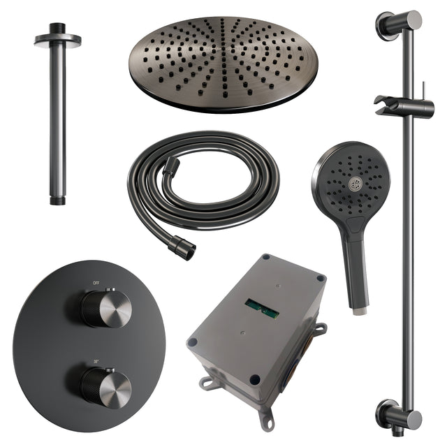 BRAUER Gunmetal Carving thermostatische inbouw regendouche 3-weg rond SET 96 met 30 cm douchekop en plafondarm en 3-standen handdouche en doucheslang en geïntegreerde glijstang gunmetal geborsteld PVD 5-GM-314
