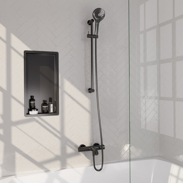 BRAUER Stripe opbouw baddouche thermostaatkraan SET 02 met glijstang en 3-standen handdouche en doucheslang gunmetal geborsteld PVD 5-GM-341