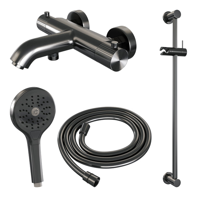 BRAUER Stripe opbouw baddouche thermostaatkraan SET 02 met glijstang en 3-standen handdouche en doucheslang gunmetal geborsteld PVD 5-GM-341