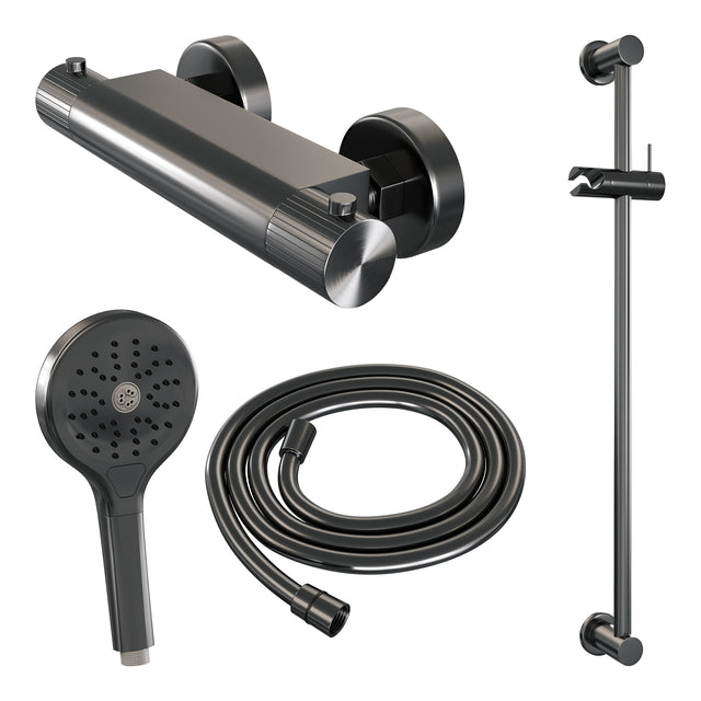 BRAUER Stripe opbouw douche thermostaatkraan SET 02 met glijstang en 3-standen handdouche en doucheslang gunmetal geborsteld PVD 5-GM-346