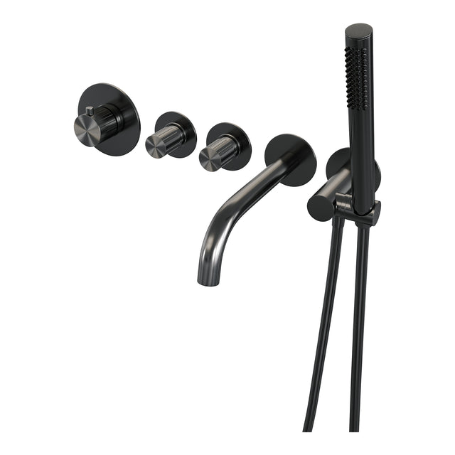 BRAUER Stripe thermostatische inbouw badkraan SET 01 met uitloop en staaf handdouche en doucheslang en wandaansluitbocht gunmetal geborsteld PVD 5-GM-357