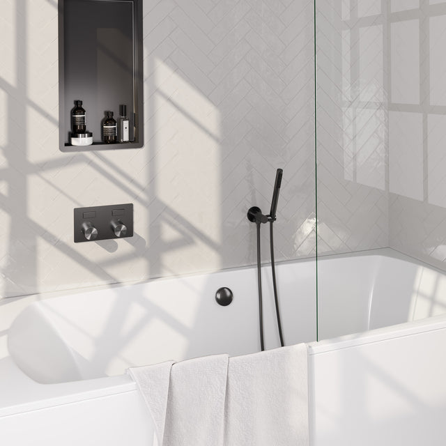 BRAUER Stripe thermostatische inbouw badkraan met drukknoppen SET 03 met badvulcombinatie en staaf handdouche en doucheslang en wandaansluitbocht gunmetal geborsteld PVD 5-GM-361
