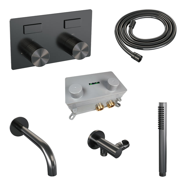 BRAUER Stripe thermostatische inbouw badkraan met drukknoppen SET 03 met uitloop en staaf handdouche en doucheslang en wandaansluitbocht gunmetal geborsteld PVD 5-GM-363