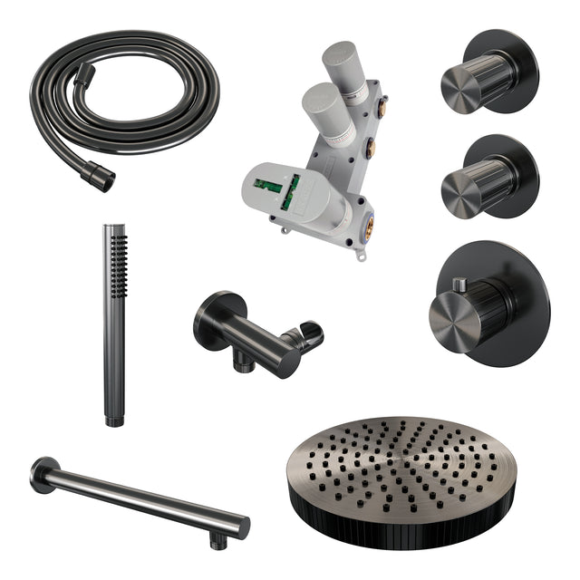 BRAUER Stripe thermostatische inbouw regendouche SET 01 met 25 cm douchekop en rechte muurarm en staaf handdouche en doucheslang en wandaansluitbocht gunmetal geborsteld PVD 5-GM-365