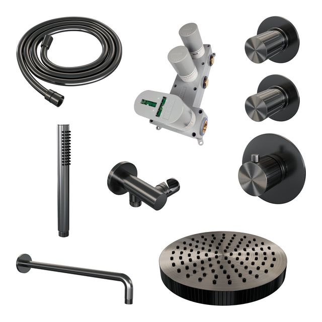 BRAUER Stripe thermostatische inbouw regendouche SET 02 met 25 cm douchekop en gebogen muurarm en staaf handdouche en doucheslang en wandaansluitbocht gunmetal geborsteld PVD 5-GM-367