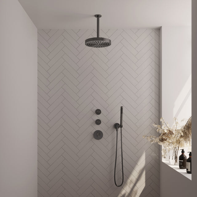 BRAUER Stripe thermostatische inbouw regendouche SET 03 met 25 cm douchekop en plafondarm en staaf handdouche en doucheslang en wandaansluitbocht gunmetal geborsteld PVD 5-GM-369