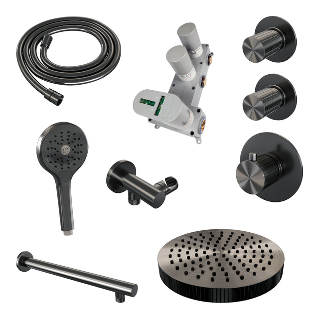 BRAUER Stripe thermostatische inbouw regendouche SET 04 met 25 cm douchekop en rechte muurarm en 3-standen handdouche en doucheslang en wandaansluitbocht gunmetal geborsteld PVD 5-GM-371