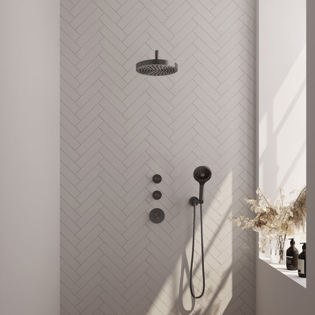 BRAUER Stripe thermostatische inbouw regendouche SET 05 met 25 cm douchekop en gebogen muurarm en 3-standen handdouche en doucheslang en wandaansluitbocht gunmetal geborsteld PVD 5-GM-373