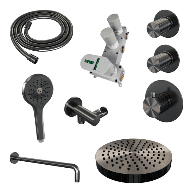 BRAUER Stripe thermostatische inbouw regendouche SET 05 met 25 cm douchekop en gebogen muurarm en 3-standen handdouche en doucheslang en wandaansluitbocht gunmetal geborsteld PVD 5-GM-373