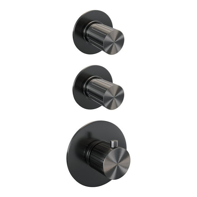 BRAUER Stripe thermostatische inbouw regendouche SET 05 met 25 cm douchekop en gebogen muurarm en 3-standen handdouche en doucheslang en wandaansluitbocht gunmetal geborsteld PVD 5-GM-373