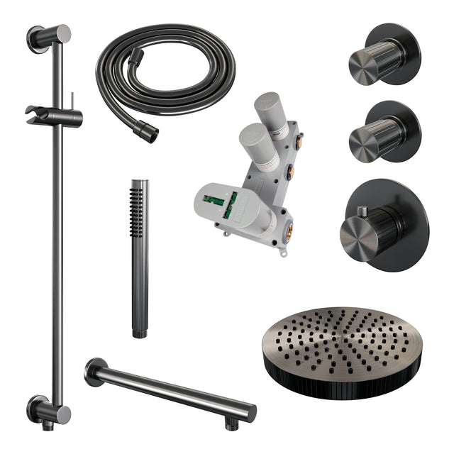 BRAUER Stripe thermostatische inbouw regendouche SET 07 met 25 cm douchekop en rechte muurarm en staaf handdouche en doucheslang en geïntegreerde glijstang gunmetal geborsteld PVD 5-GM-377