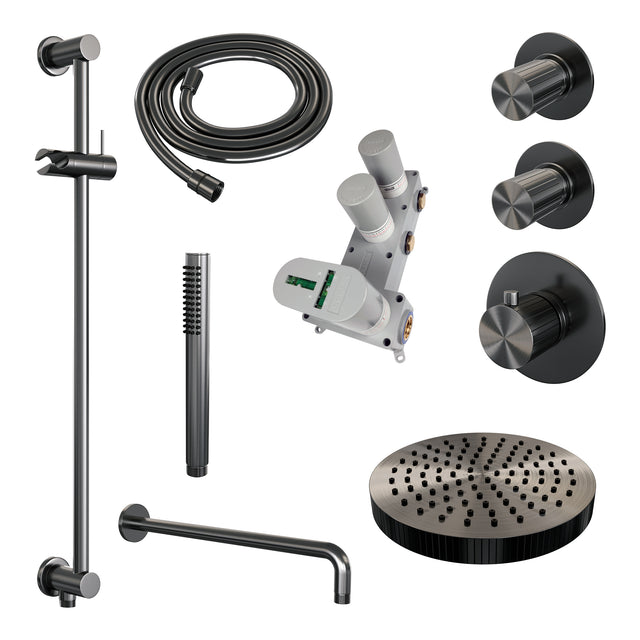 BRAUER Stripe thermostatische inbouw regendouche SET 08 met 25 cm douchekop en gebogen muurarm en staaf handdouche en doucheslang en geïntegreerde glijstang gunmetal geborsteld PVD 5-GM-379
