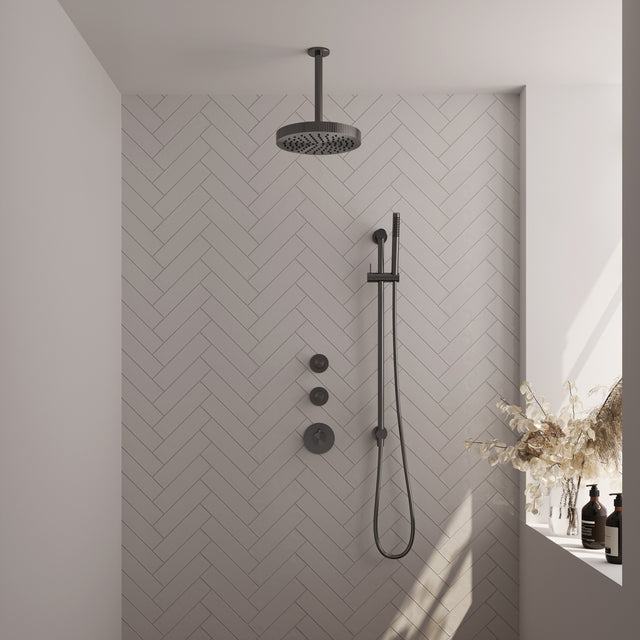 BRAUER Stripe thermostatische inbouw regendouche SET 09 met 25 cm douchekop en plafondarm en staaf handdouche en doucheslang en geïntegreerde glijstang gunmetal geborsteld PVD 5-GM-381