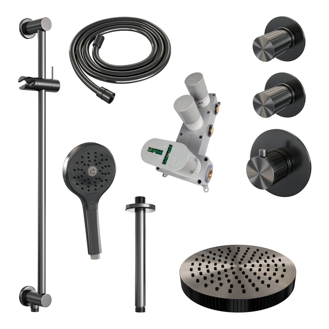 BRAUER Stripe thermostatische inbouw regendouche SET 12 met 25 cm douchekop en plafondarm en 3-standen handdouche en doucheslang en geïntegreerde glijstang gunmetal geborsteld PVD 5-GM-387