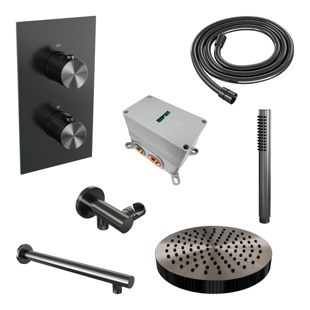BRAUER Stripe thermostatische inbouw regendouche 3-weg rechthoekig SET 13 met 25 cm douchekop en rechte muurarm en staaf handdouche en doucheslang en wandaansluitbocht gunmetal geborsteld PVD 5-GM-389