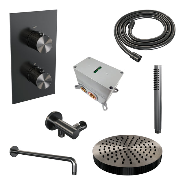BRAUER Stripe thermostatische inbouw regendouche 3-weg rechthoekig SET 14 met 25 cm douchekop en gebogen muurarm en staaf handdouche en doucheslang en wandaansluitbocht gunmetal geborsteld PVD 5-GM-391