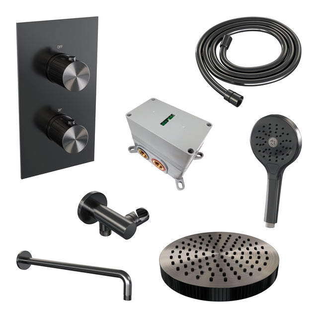 BRAUER Stripe thermostatische inbouw regendouche 3-weg rechthoekig SET 17 met 25 cm douchekop en gebogen muurarm en 3-standen handdouche en doucheslang en wandaansluitbocht gunmetal geborsteld PVD 5-GM-397