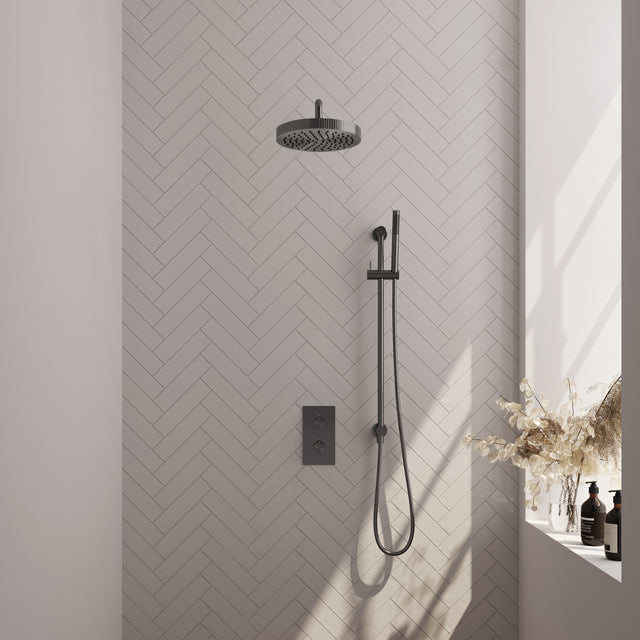 BRAUER Stripe thermostatische inbouw regendouche 3-weg rechthoekig SET 20 met 25 cm douchekop en gebogen muurarm en staaf handdouche en doucheslang en geïntegreerde glijstang gunmetal geborsteld PVD 5-GM-403