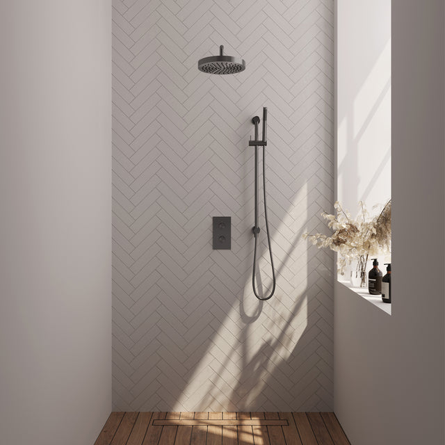 BRAUER Stripe thermostatische inbouw regendouche 3-weg rechthoekig SET 20 met 25 cm douchekop en gebogen muurarm en staaf handdouche en doucheslang en geïntegreerde glijstang gunmetal geborsteld PVD 5-GM-403