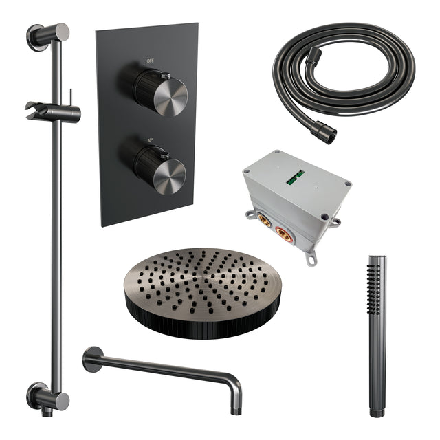 BRAUER Stripe thermostatische inbouw regendouche 3-weg rechthoekig SET 20 met 25 cm douchekop en gebogen muurarm en staaf handdouche en doucheslang en geïntegreerde glijstang gunmetal geborsteld PVD 5-GM-403