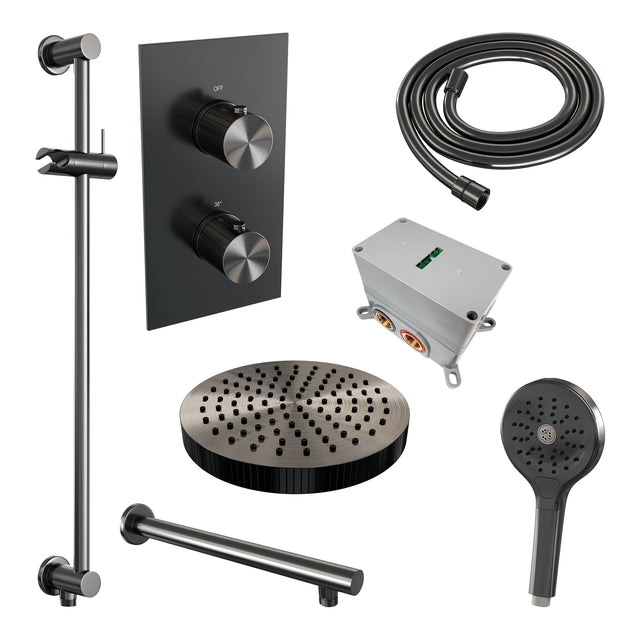 BRAUER Stripe thermostatische inbouw regendouche 3-weg rechthoekig SET 22 met 25 cm douchekop en rechte muurarm en 3-standen handdouche en doucheslang en geïntegreerde glijstang gunmetal geborsteld PVD 5-GM-407