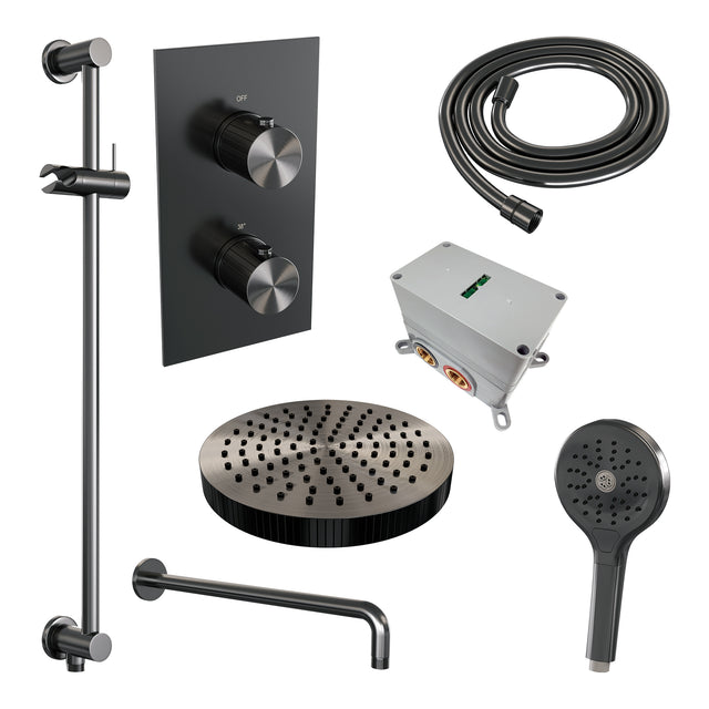 BRAUER Stripe thermostatische inbouw regendouche 3-weg rechthoekig SET 23 met 25 cm douchekop en gebogen muurarm en 3-standen handdouche en doucheslang en geïntegreerde glijstang gunmetal geborsteld PVD 5-GM-409