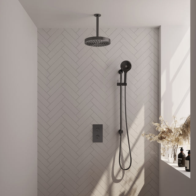 BRAUER Stripe thermostatische inbouw regendouche 3-weg rechthoekig SET 24 met 25 cm douchekop en plafondarm en 3-standen handdouche en doucheslang en geïntegreerde glijstang gunmetal geborsteld PVD 5-GM-411