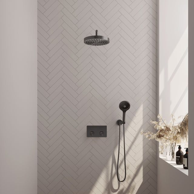 BRAUER Stripe thermostatische inbouw regendouche met drukknoppen SET 29 met 25 cm douchekop en gebogen muurarm en 3-standen handdouche en doucheslang en wandaansluitbocht gunmetal geborsteld PVD 5-GM-421