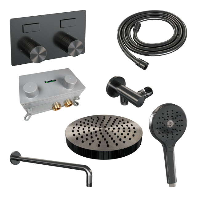 BRAUER Stripe thermostatische inbouw regendouche met drukknoppen SET 29 met 25 cm douchekop en gebogen muurarm en 3-standen handdouche en doucheslang en wandaansluitbocht gunmetal geborsteld PVD 5-GM-421