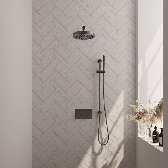 BRAUER Stripe thermostatische inbouw regendouche met drukknoppen SET 31 met 25 cm douchekop en rechte muurarm en staaf handdouche en doucheslang en geïntegreerde glijstang gunmetal geborsteld PVD 5-GM-425