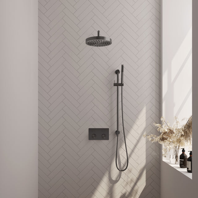 BRAUER Stripe thermostatische inbouw regendouche met drukknoppen SET 32 met 25 cm douchekop en gebogen muurarm en staaf handdouche en doucheslang en geïntegreerde glijstang gunmetal geborsteld PVD 5-GM-427